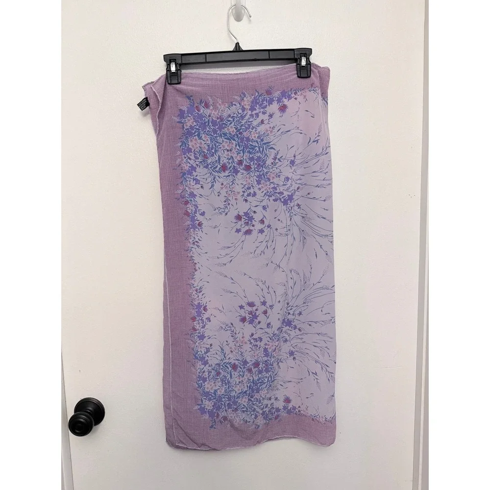 Vintage 90s Italy Pure Silk Lavender Floral Grid Oblong Scarf Wrap Bandana Top - Picture 4 of 6